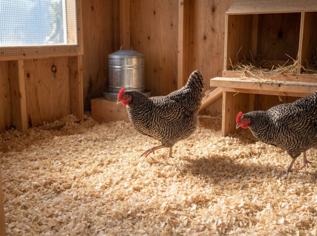 Fresh pine shavings on a clean coop floor with two hens scratching through the new bedding