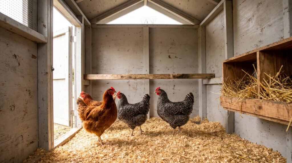 four hens inside a small wooden chicken coop showing realistic space for standard backyard birds