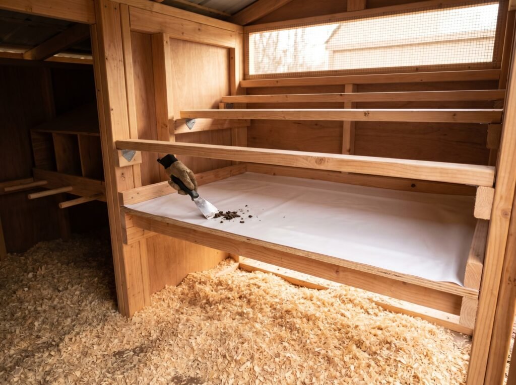 Droppings board under roost bars in a walk-in chicken coop interior ready for scraping