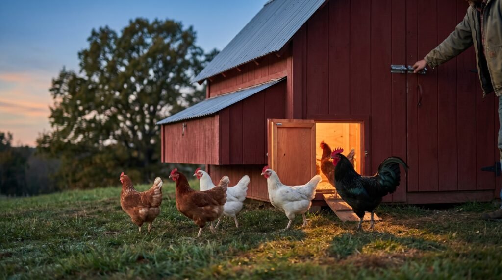 mixed flock entering coop at dusk while keeper secures the bolt latch