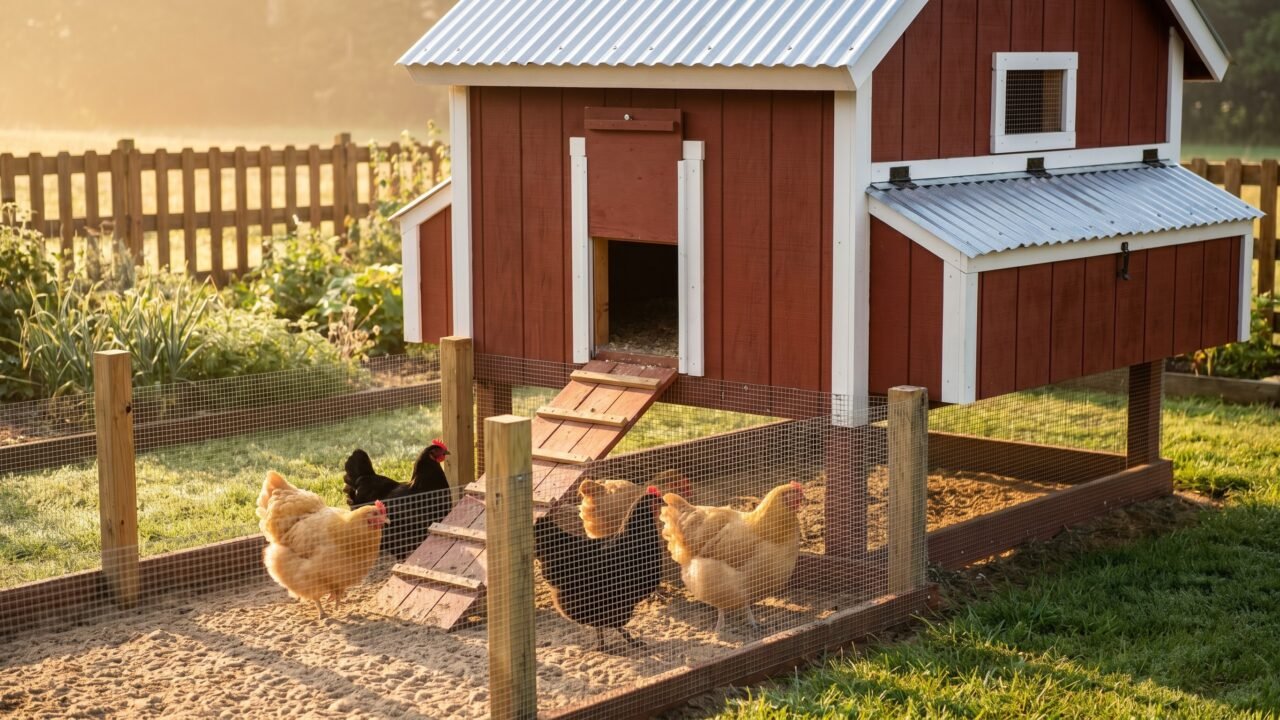 Backyard chicken coop exterior at sunrise with attached hardware-cloth run and hens on the ramp