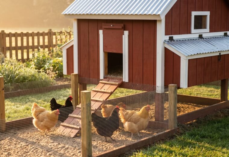 Backyard chicken coop exterior at sunrise with attached hardware-cloth run and hens on the ramp