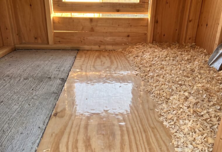 chicken coop floor showing concrete, vinyl-covered plywood, and pine shavings bedding side by side