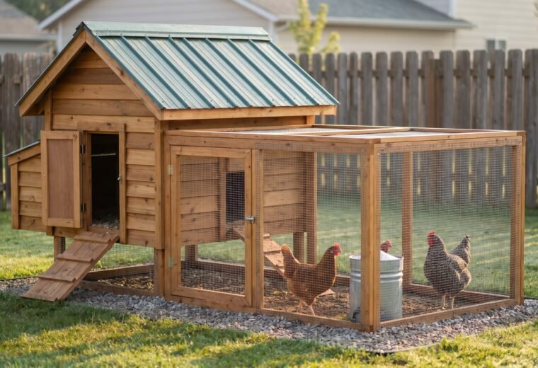 backyard chicken coop sized for six chickens with attached hardware-cloth run on morning lawn