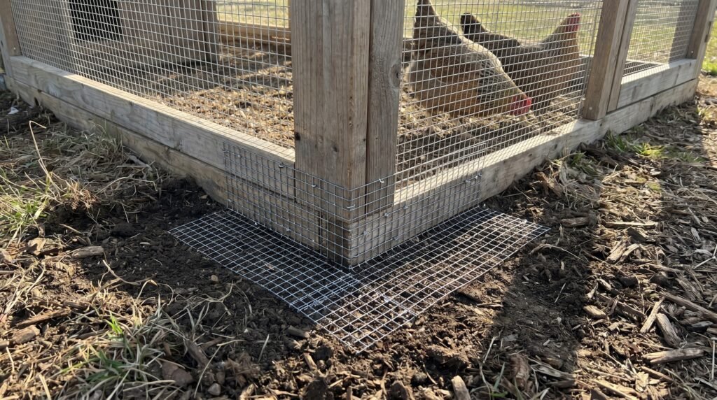 hardware cloth predator apron buried at coop base showing L-shape installation to stop diggers