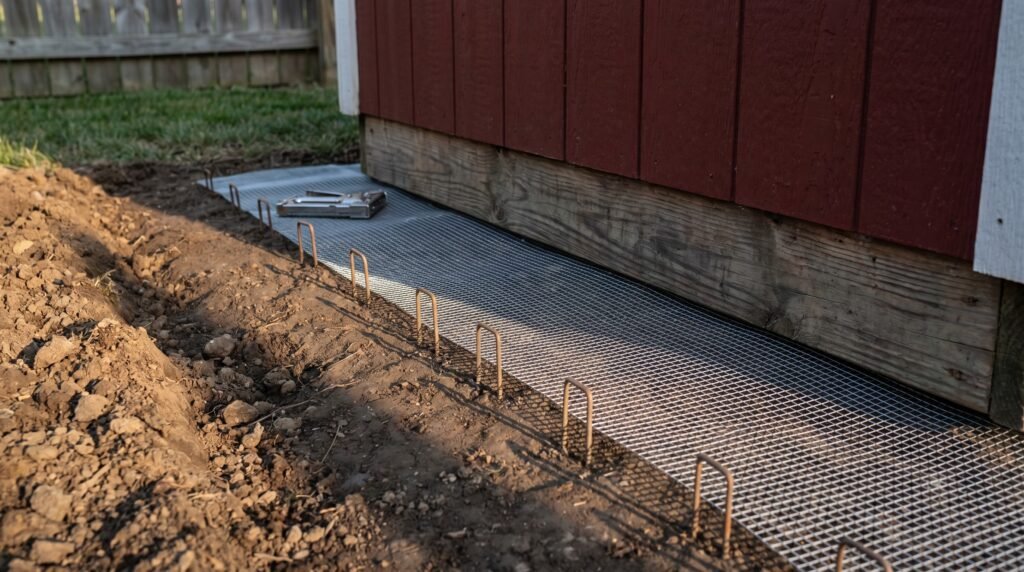 hardware cloth predator apron installed flat against the base of a chicken coop wall