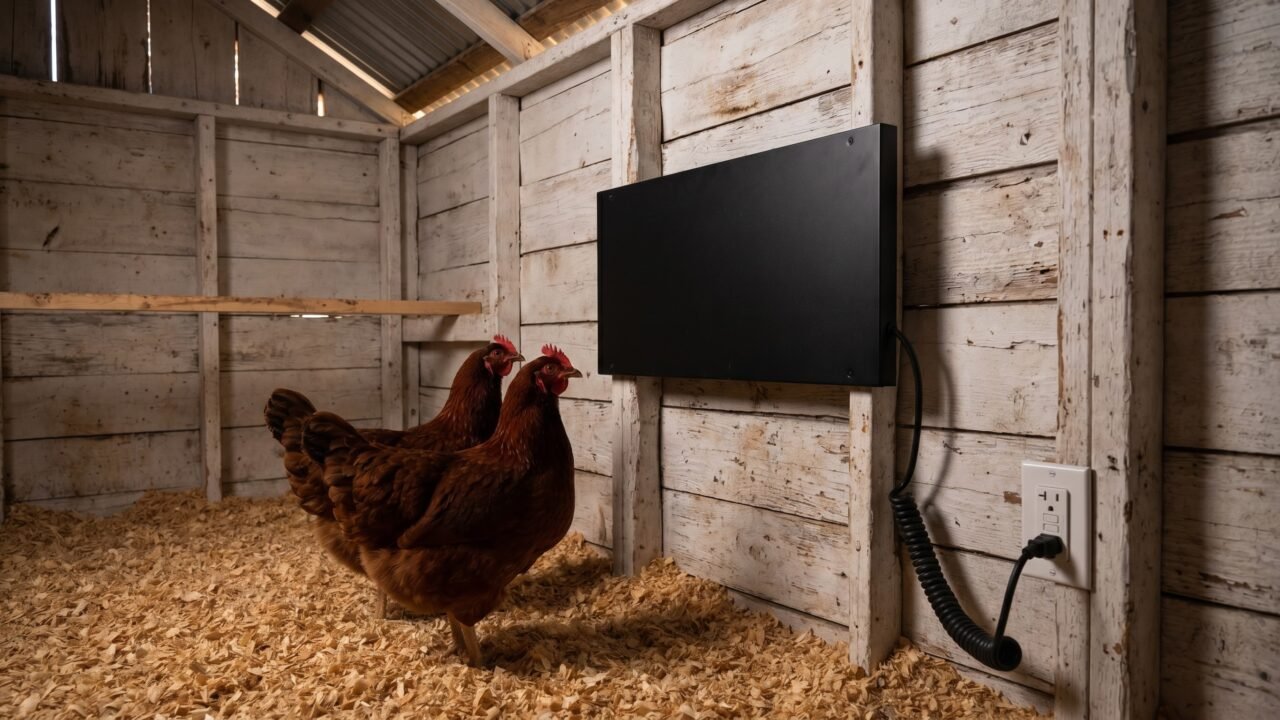 wall-mounted flat-panel chicken coop heater beside two hens on pine shavings