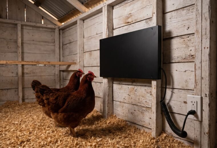 wall-mounted flat-panel chicken coop heater beside two hens on pine shavings