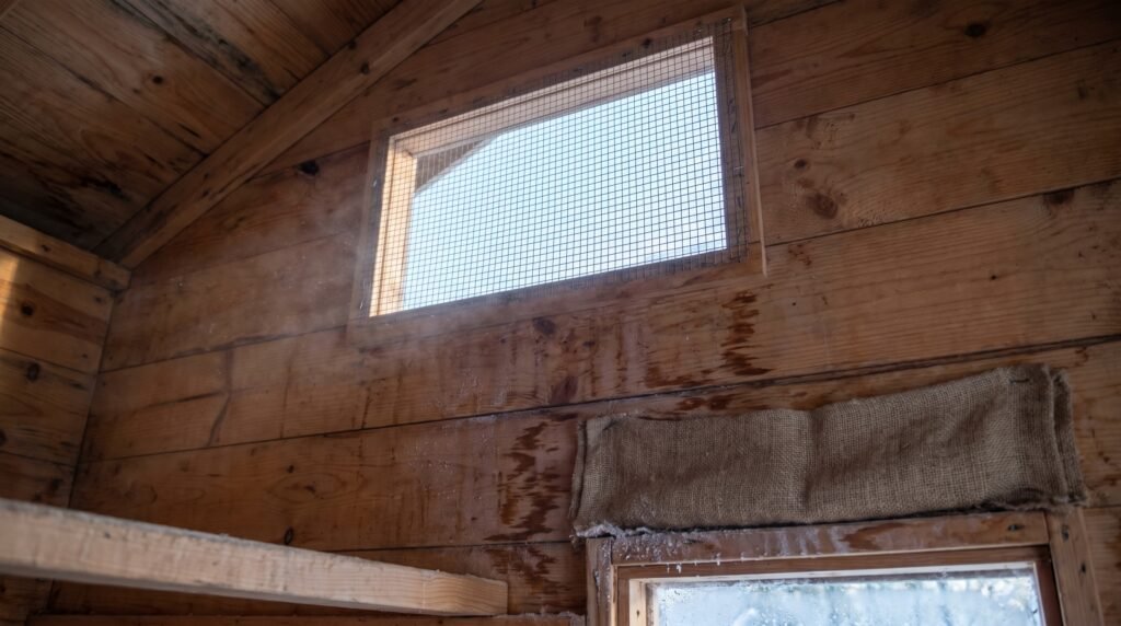 Chicken coop high vent positioned above roost level for correct winter ventilation without drafts