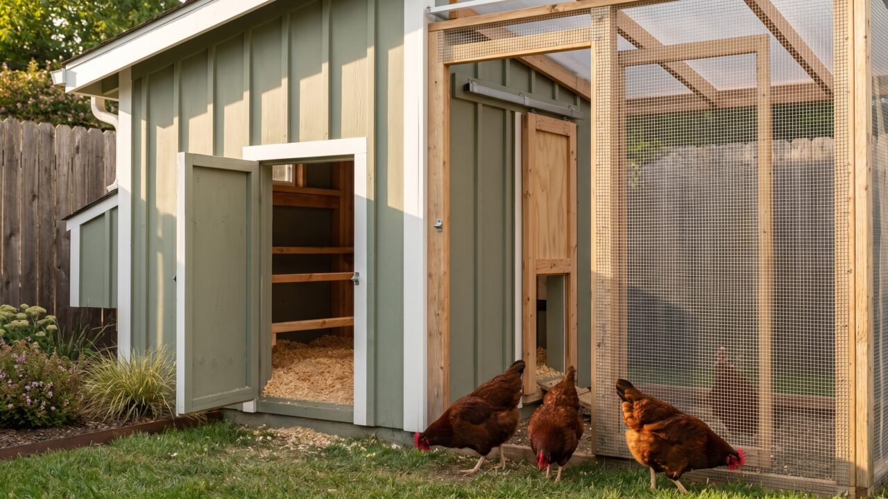 A sage green walk-in shed-style chicken coop with hardware cloth run and three hens