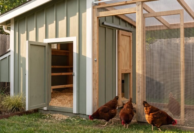 A sage green walk-in shed-style chicken coop with hardware cloth run and three hens