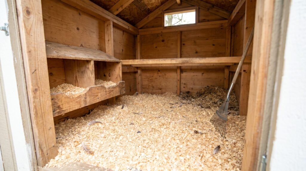 Clean chicken coop interior showing flat roost bar, pine shavings bedding, and two nest boxes