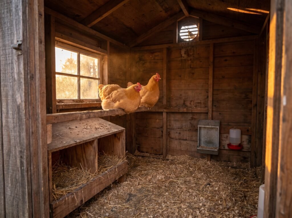 chicken coop interior showing roost bar, nest boxes, and pine shaving bedding for a small flock