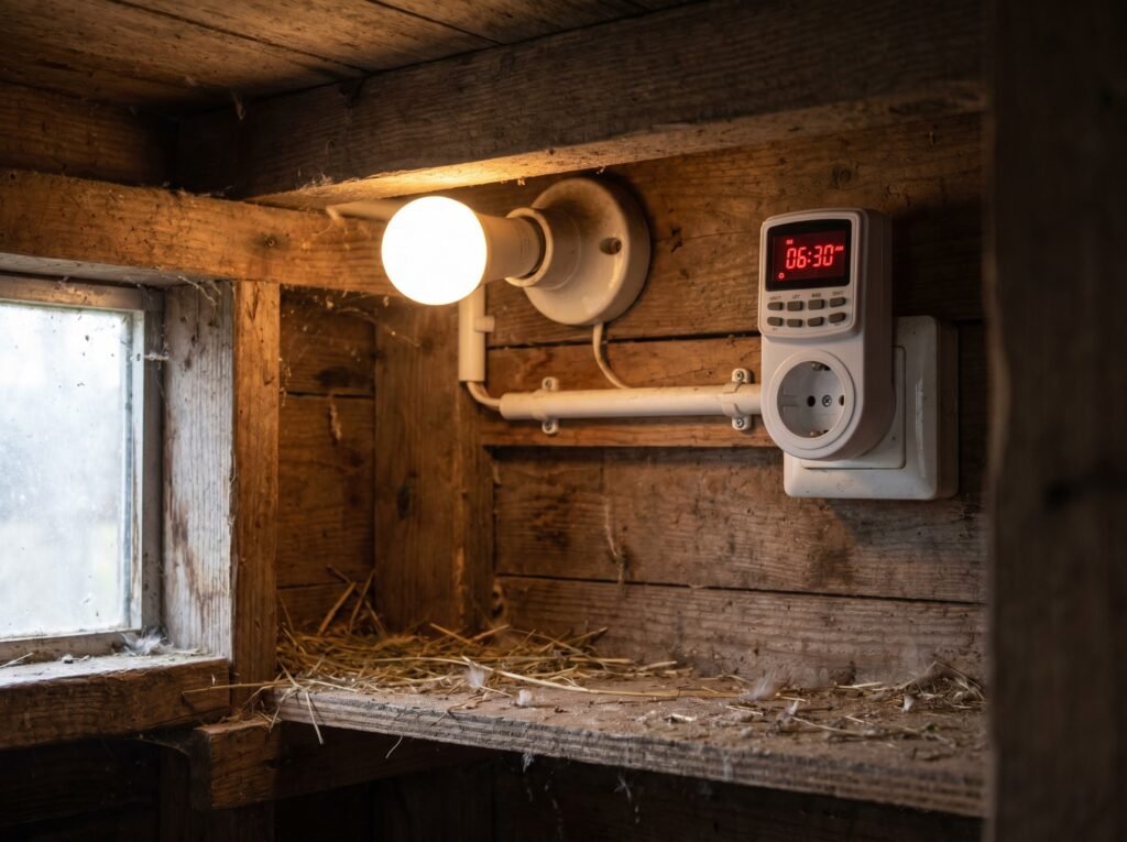 LED bulb and outlet timer mounted safely on wooden coop wall for supplemental winter light