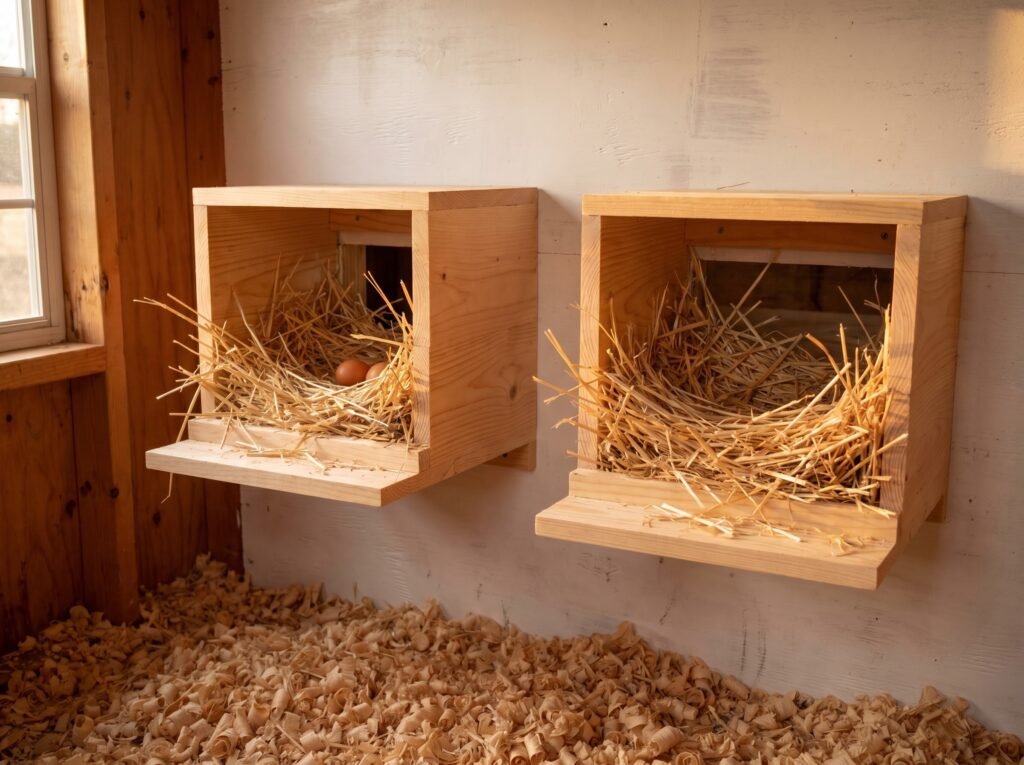 two wooden 12x12 nest boxes mounted inside a chicken coop filled with clean straw