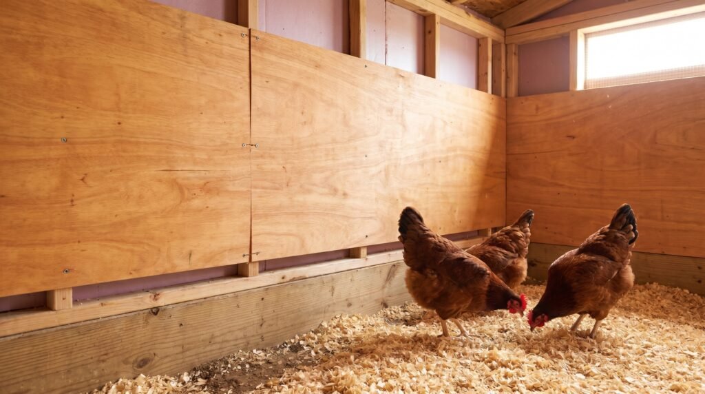 Chicken coop interior wall with plywood sheathing installed over insulation to protect from pecking