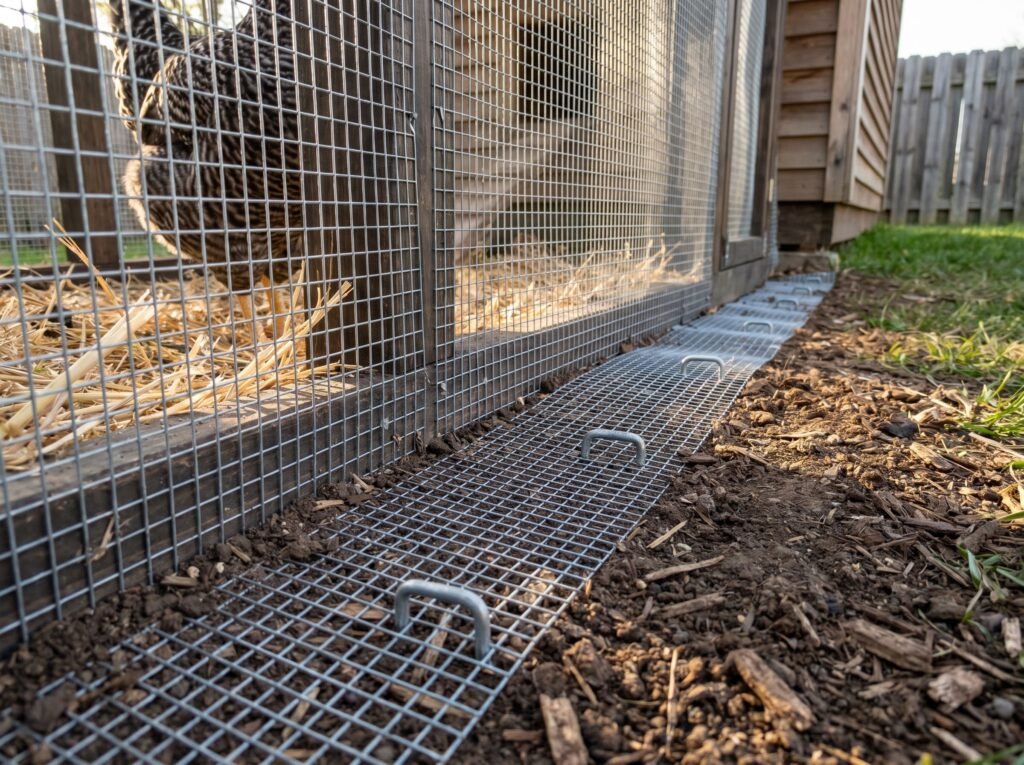 Hardware cloth predator apron laid flat at the base of a chicken run perimeter