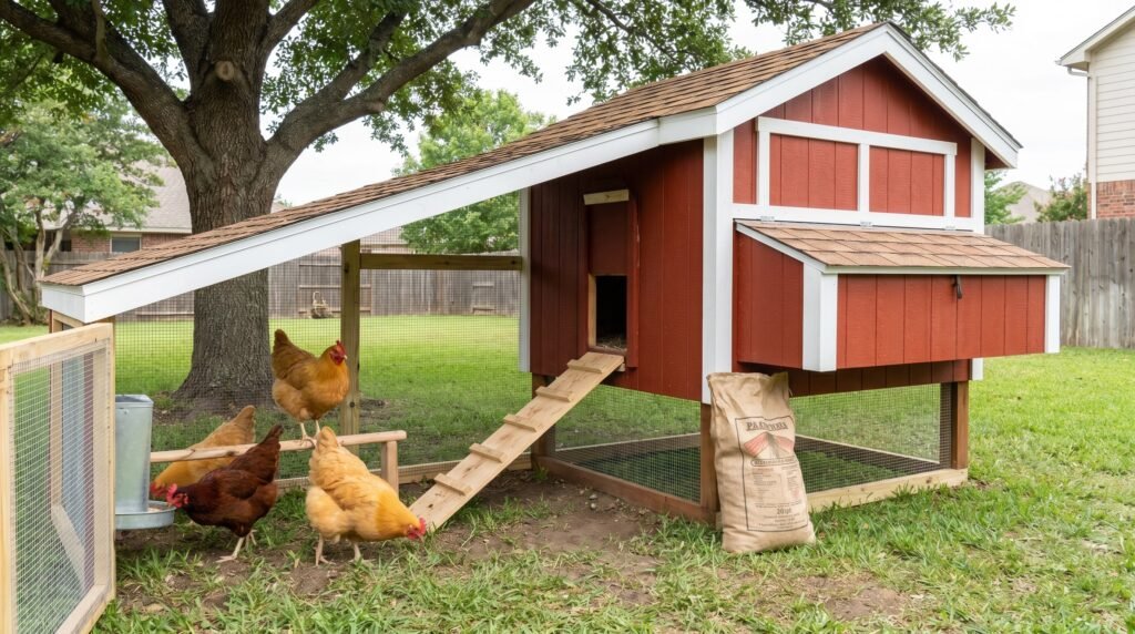 Small prefab chicken coop with hardware cloth run and four hens on a sunny day