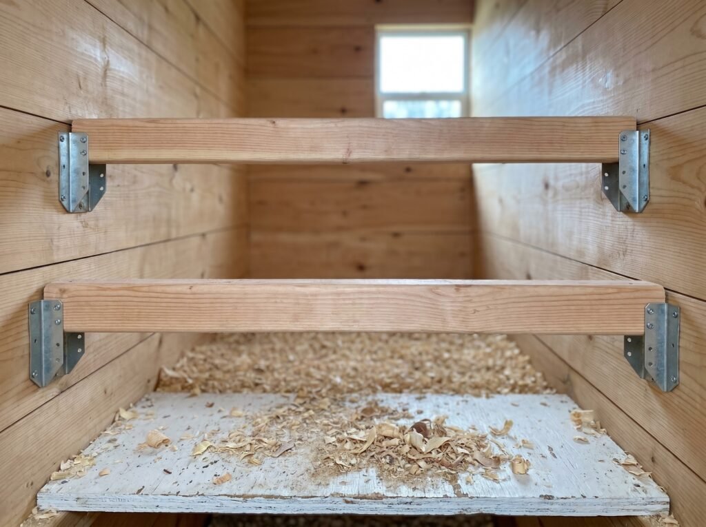two 2x4 roost bars installed at staggered heights inside a wooden chicken coop
