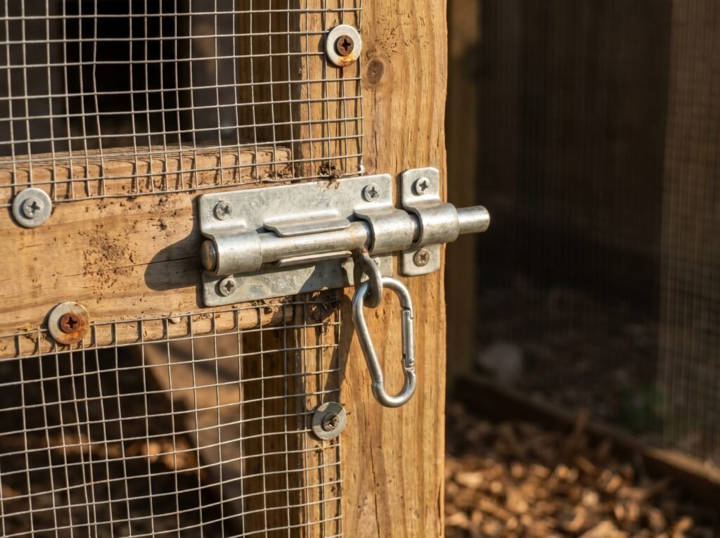 Barrel bolt with carabiner secondary lock on a hardware-cloth chicken run door panel