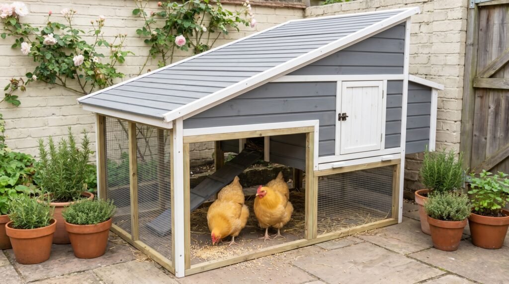Compact lean-to chicken coop on an urban patio with hardware cloth run and two hens