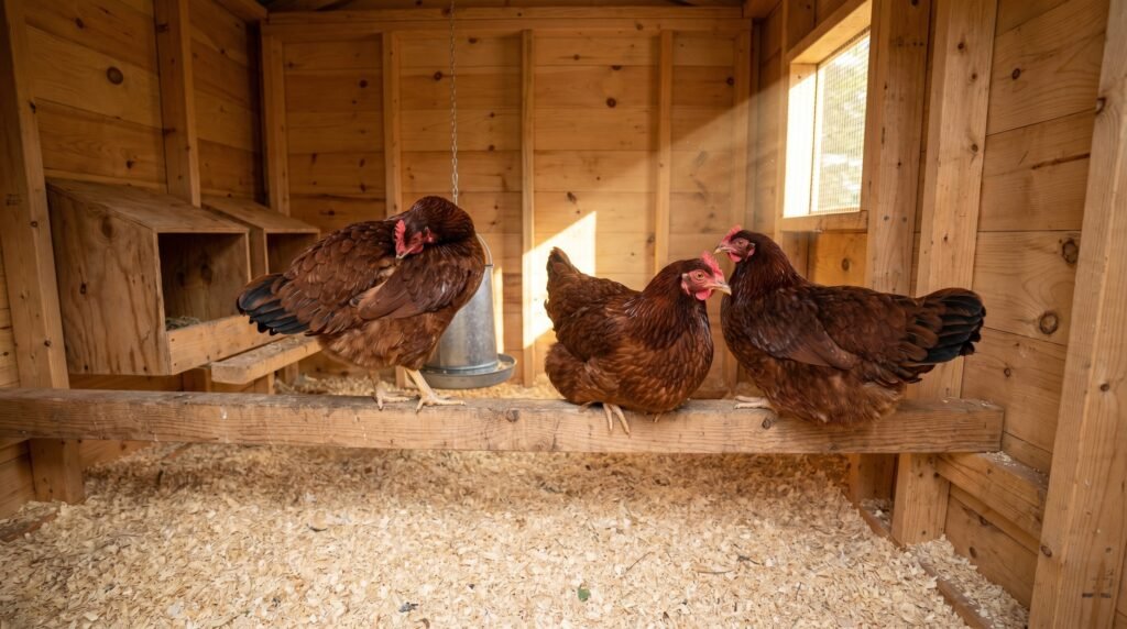 three Rhode Island Red hens perched inside a small clean coop with nest boxes visible