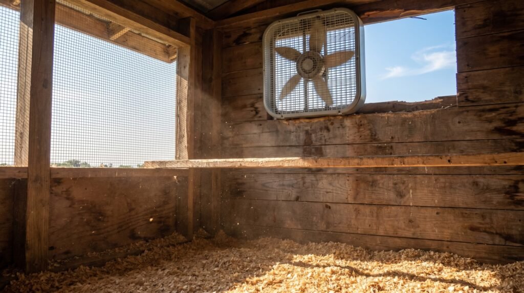 box fan exhausting through high rear vent in chicken coop for summer cross-ventilation