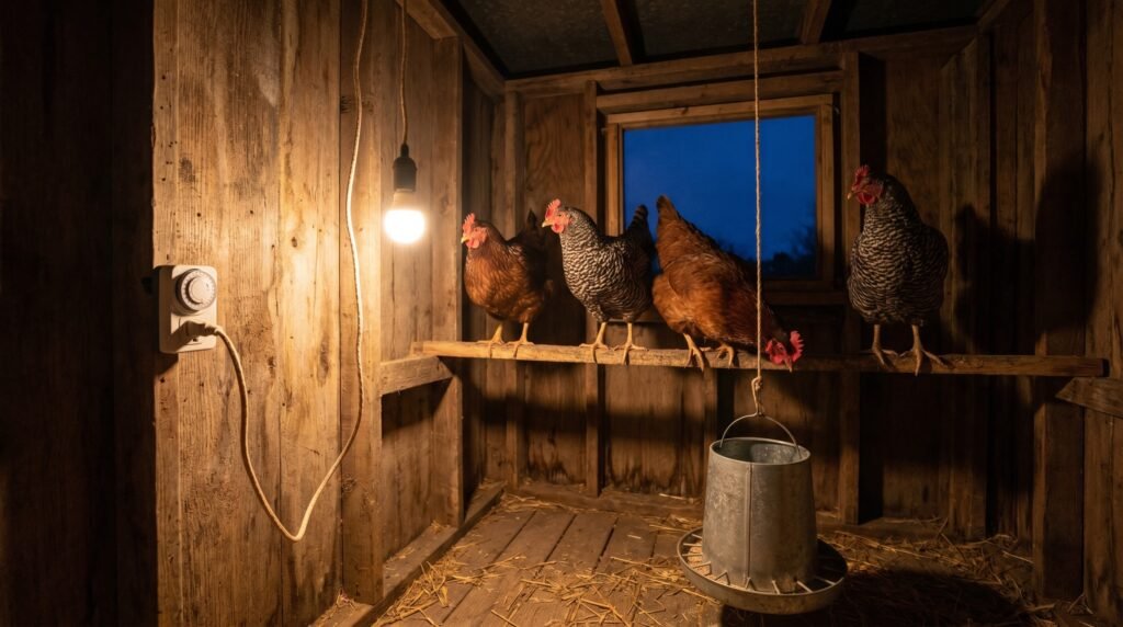 chicken coop interior with warm LED supplemental light and timer on cord