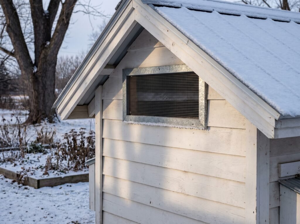 Chicken coop eave vent opening with hardware cloth screen visible in winter snow setting