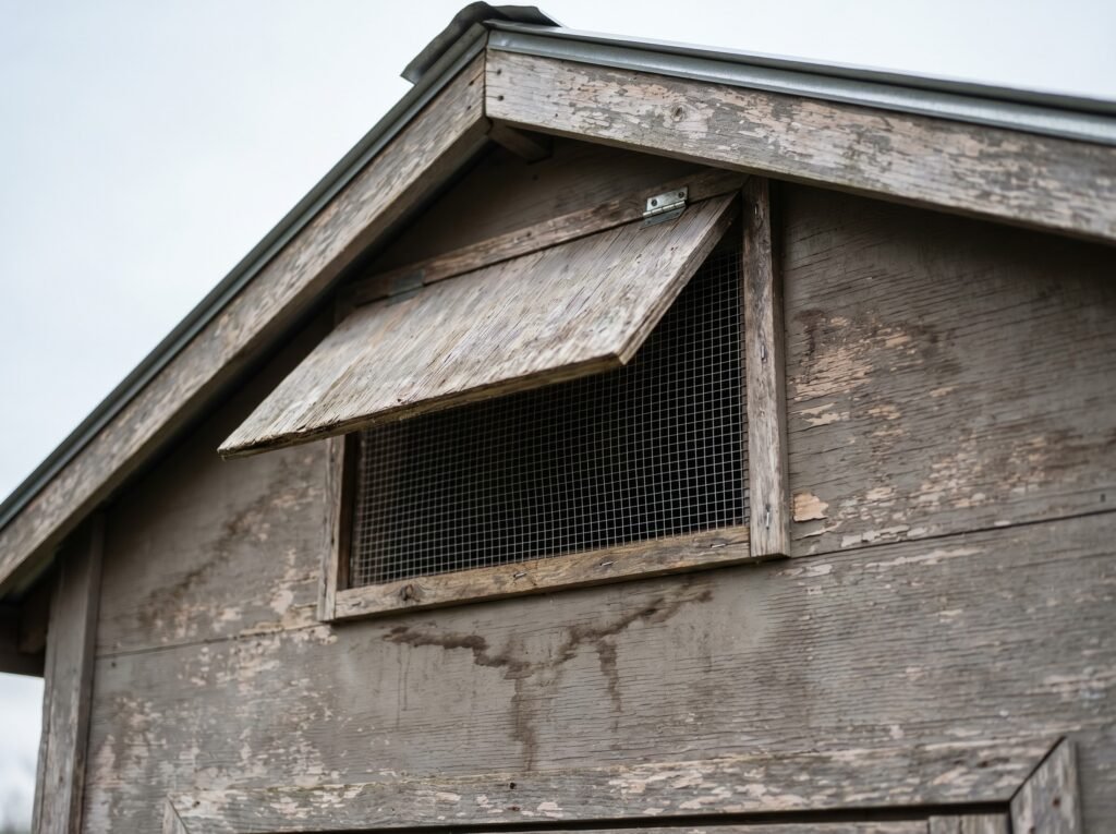 chicken coop high-wall ventilation window covered with hardware cloth to control moisture and ammonia