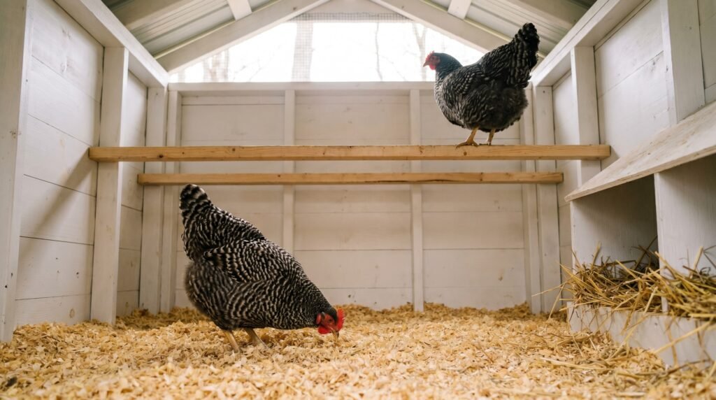 Clean chicken coop interior with pine shaving bedding and visible roof ventilation gap