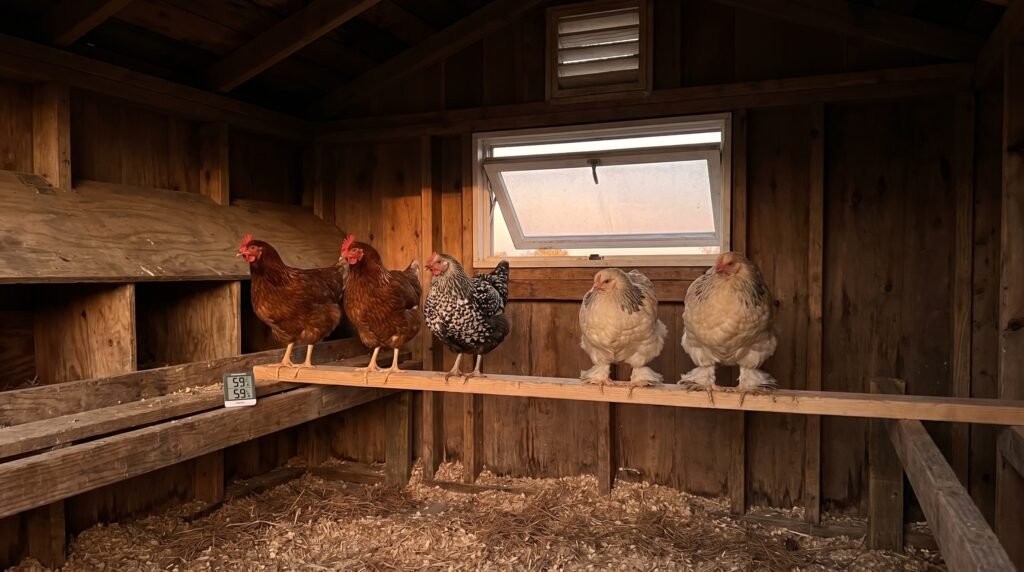 chickens roosting below a high coop window showing draft-free ventilation placement
