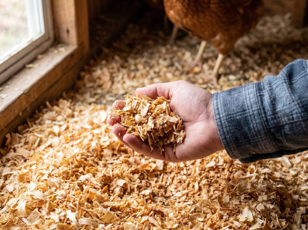 hand squeezing chicken coop litter to check moisture level for ammonia control