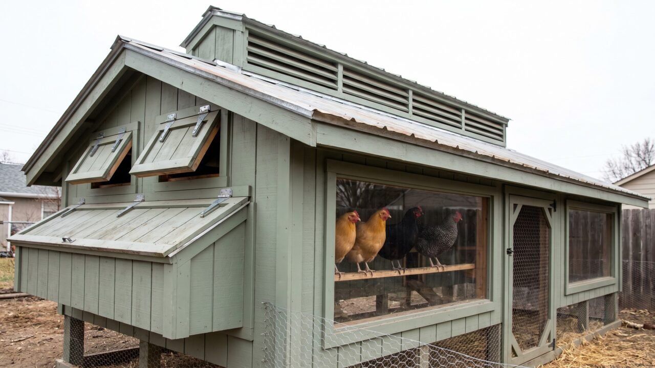 backyard chicken coop with open ridge vent and high gable vents for proper airflow