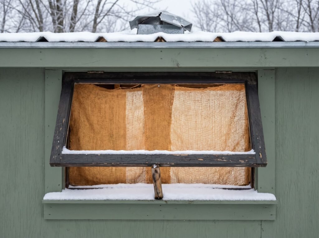 chicken coop window cracked with burlap covering for winter ventilation without drafts