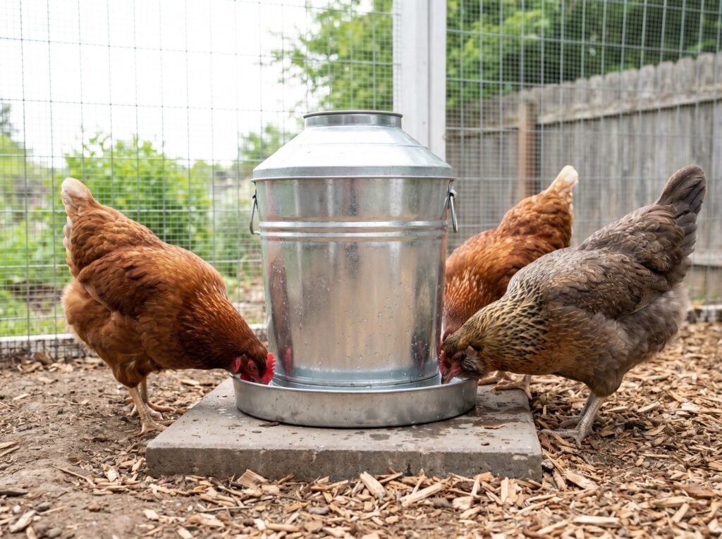 Three hens drinking from a clean galvanized waterer in a backyard chicken run