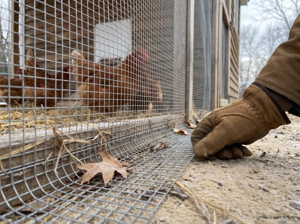gloved hand checking hardware cloth apron for frost heave gaps around the chicken run