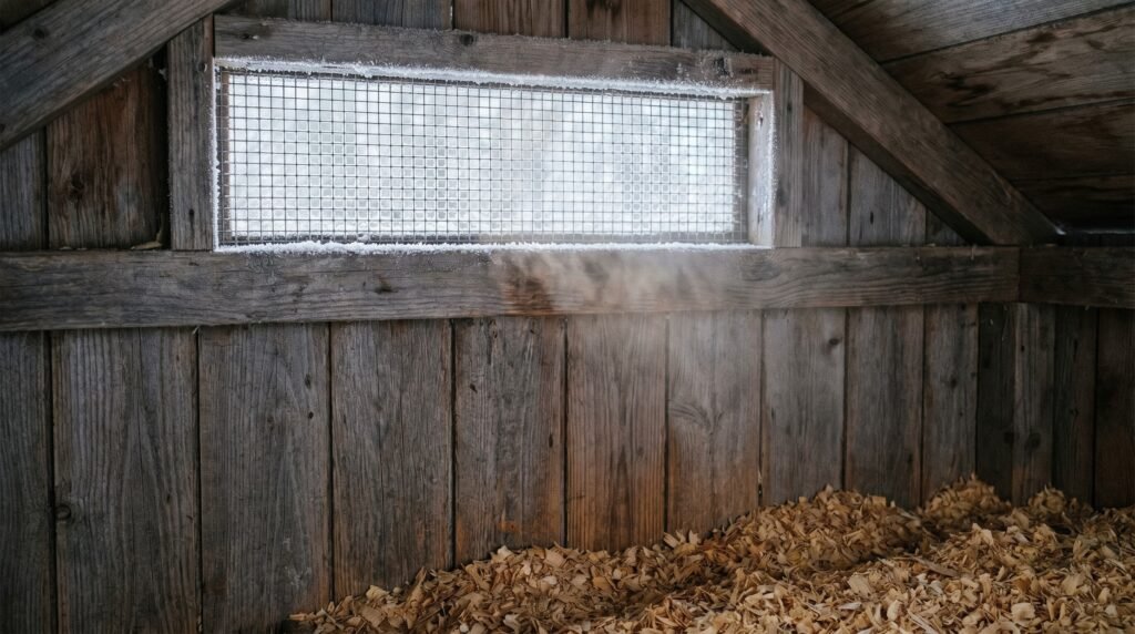 Hardware cloth vent with frost on the frame above deep pine shaving bedding inside a winter coop