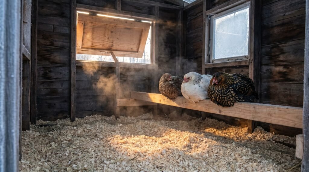 Inside a winter chicken coop showing upper vent open and birds on a wide roost