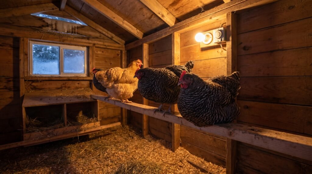 Chickens roosting on wide flat roost bars inside a properly ventilated winter coop