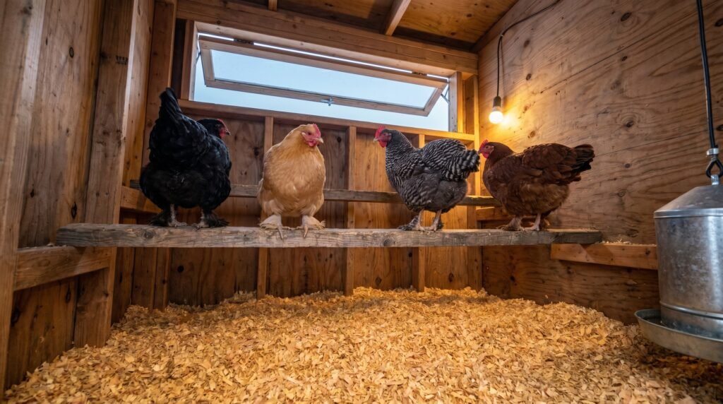 chickens roosting on wide 2x4 bars inside a well-bedded winter coop with roofline vent open