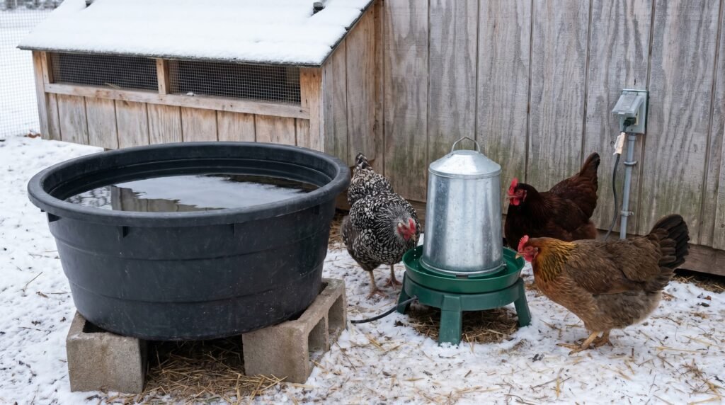 black rubber tub and heated fount keeping water liquid for chickens in a snowy run