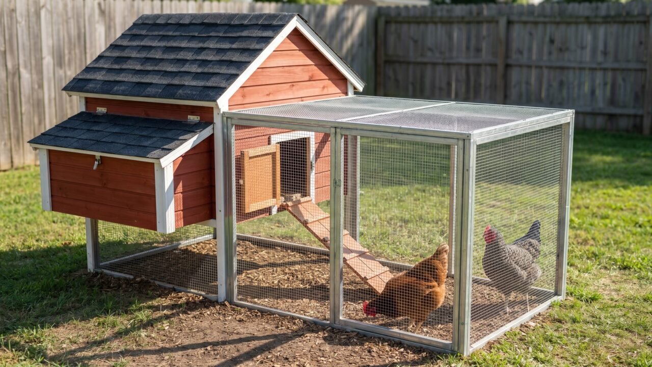 Three hens in a hardware-cloth run attached to a red cedar chicken coop