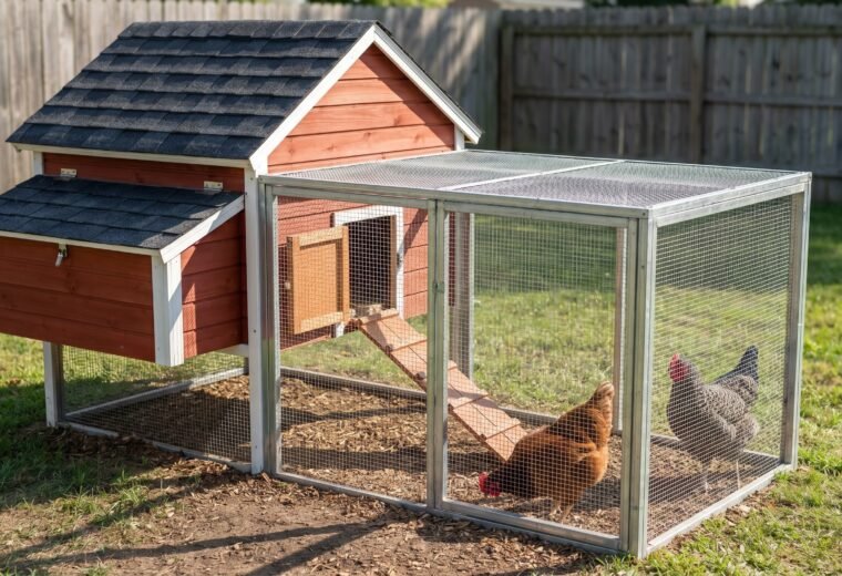 Three hens in a hardware-cloth run attached to a red cedar chicken coop