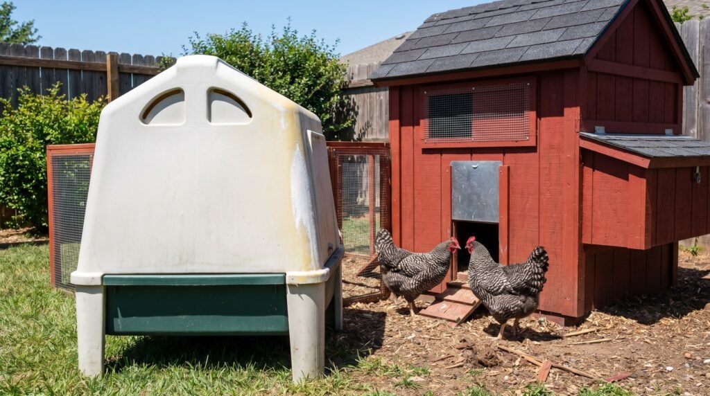 wooden and plastic chicken coops side by side showing real-world material comparison in backyard setting
