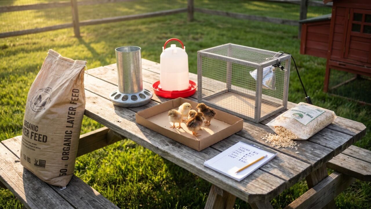 Backyard chicken starter kit with day-old chicks, feed bag, feeder, and budget notepad on a wooden table