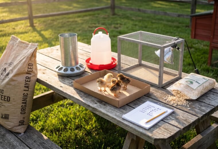 Backyard chicken starter kit with day-old chicks, feed bag, feeder, and budget notepad on a wooden table