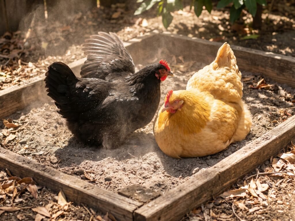 Two backyard hens dust bathing in dry dirt, a natural behavior that helps control external parasites