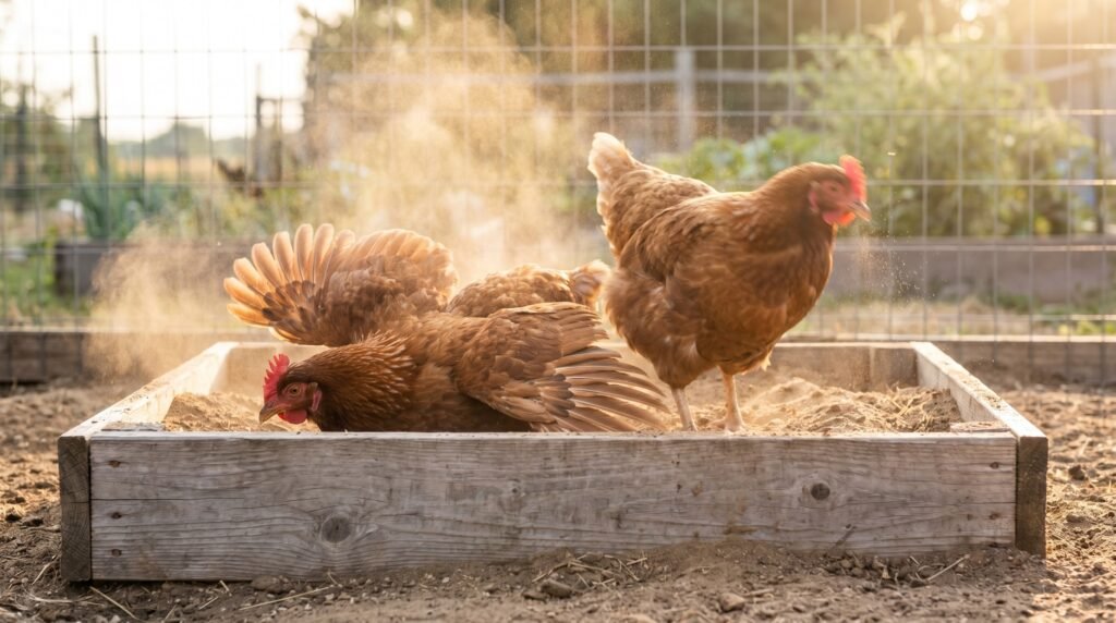 two Rhode Island Red hens dust-bathing in a backyard run, a natural mite prevention habit