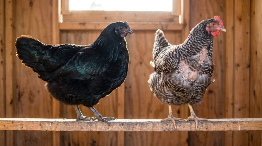 Two hens side by side showing contrast between tidy early molter and ragged late molter plumage